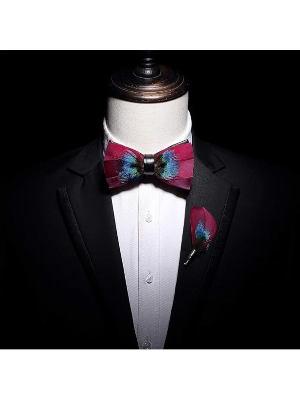 Men’s Handmade Pink and Peacock Feather Pre Tied Bow tie and Matching Lapel Pin